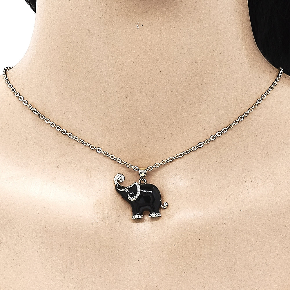 Oro Laminado Fancy Pendant, Gold Filled Style Elephant Design, with White Micro Pave, Black Enamel Finish, Golden Finish