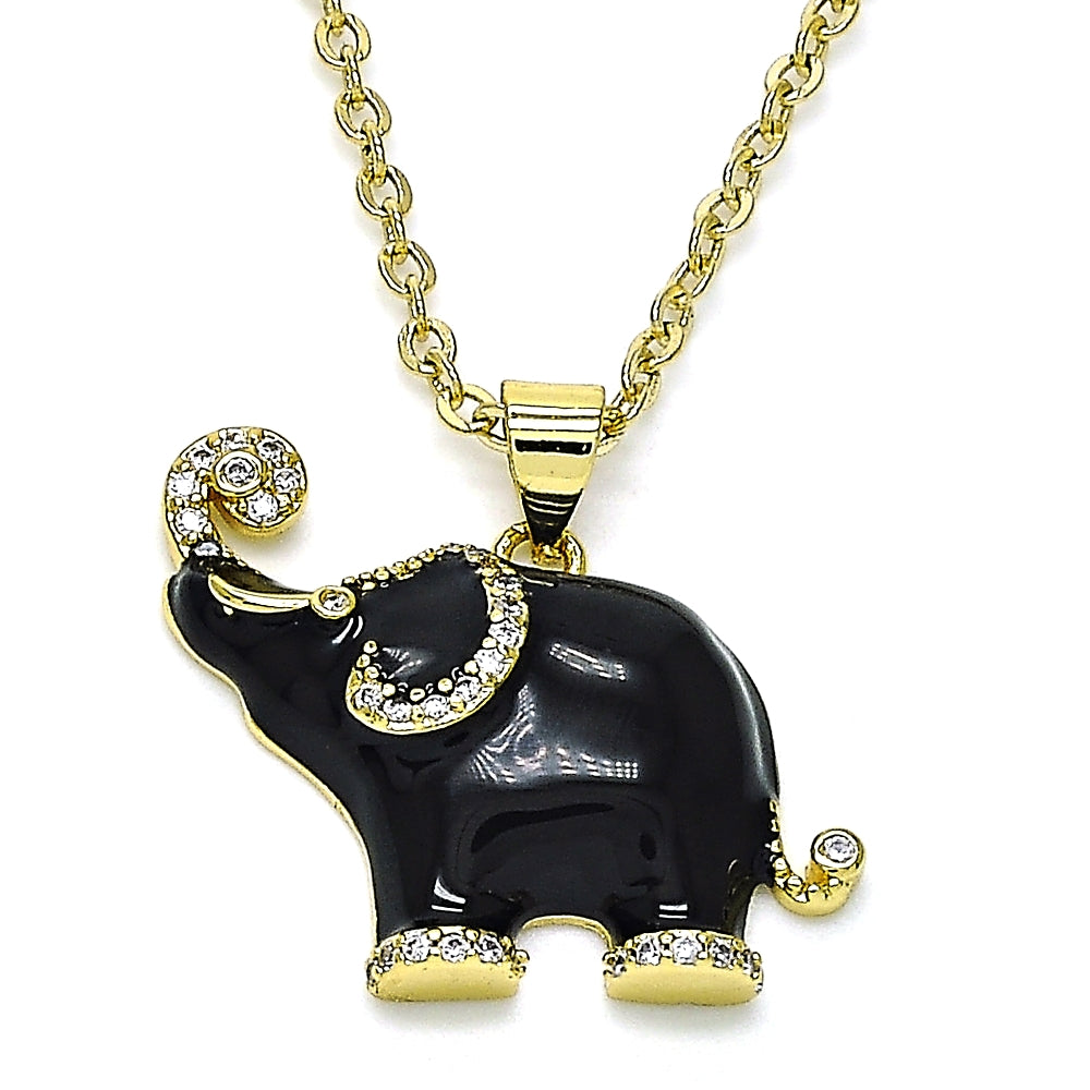 Oro Laminado Fancy Pendant, Gold Filled Style Elephant Design, with White Micro Pave, Black Enamel Finish, Golden Finish