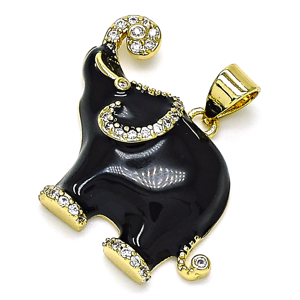 Oro Laminado Fancy Pendant, Gold Filled Style Elephant Design, with White Micro Pave, Black Enamel Finish, Golden Finish