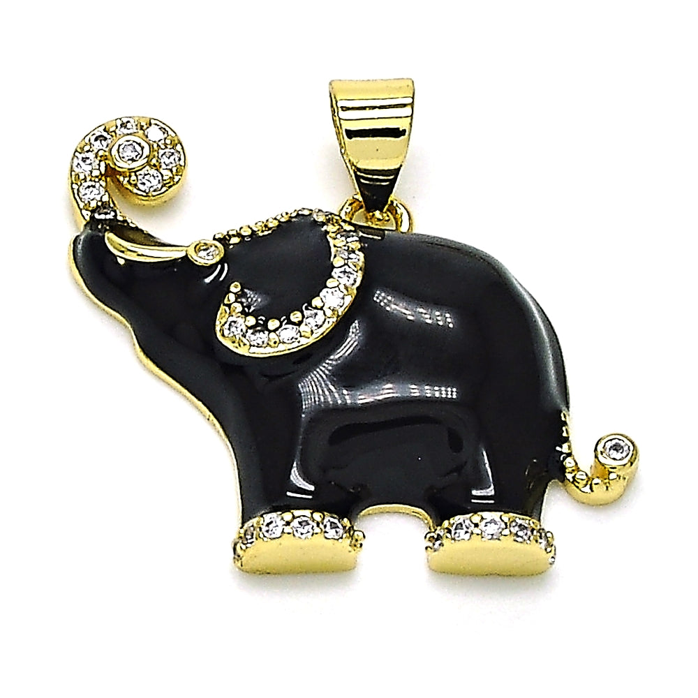 Oro Laminado Fancy Pendant, Gold Filled Style Elephant Design, with White Micro Pave, Black Enamel Finish, Golden Finish