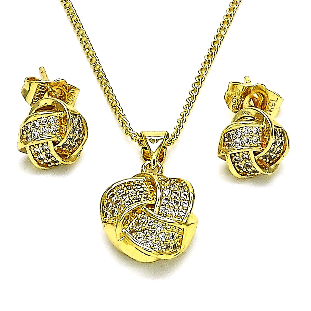Oro Laminado Earring and Pendant Adult Set, Gold Filled Style Love Knot Design, with White Micro Pave, Polished, Golden Finish
