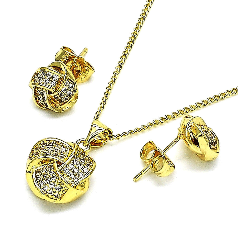 Oro Laminado Earring and Pendant Adult Set, Gold Filled Style Love Knot Design, with White Micro Pave, Polished, Golden Finish