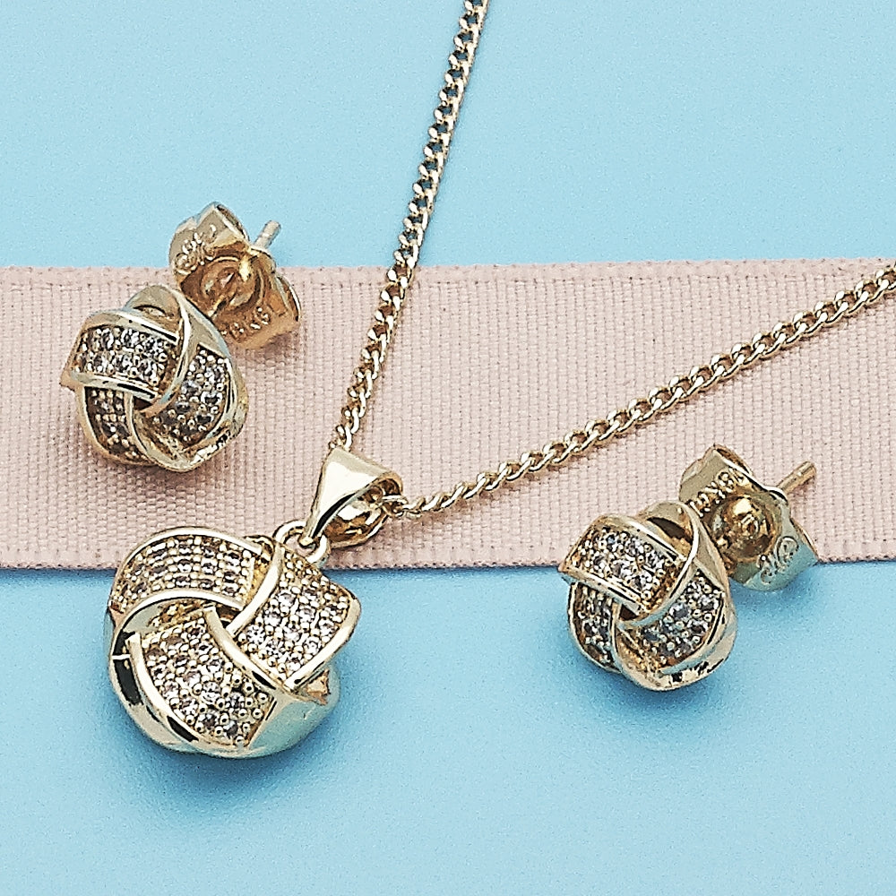 Oro Laminado Earring and Pendant Adult Set, Gold Filled Style Love Knot Design, with White Micro Pave, Polished, Golden Finish
