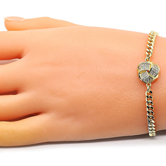 Oro Laminado Fancy Bracelet, Gold Filled Style Love Knot Design, with White Micro Pave, Polished, Golden Finish