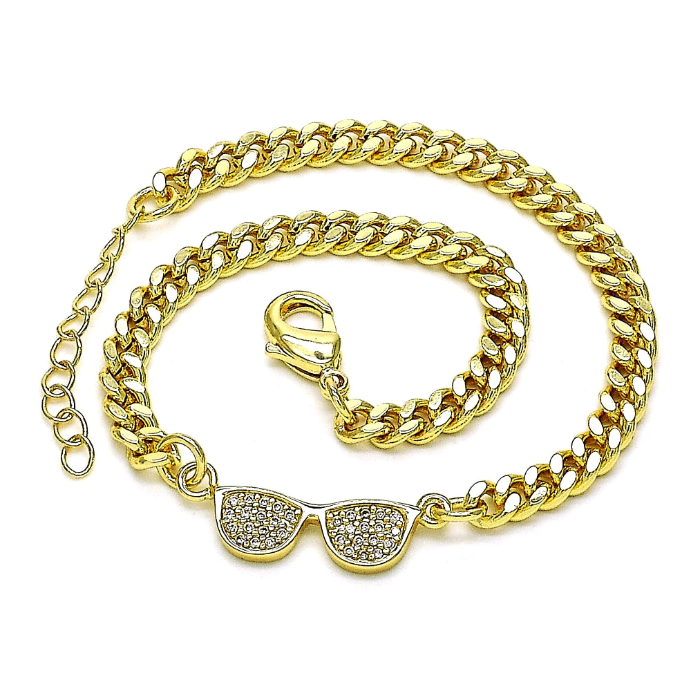 Oro Laminado Fancy Bracelet, Gold Filled Style with White Micro Pave, Polished, Golden Finish