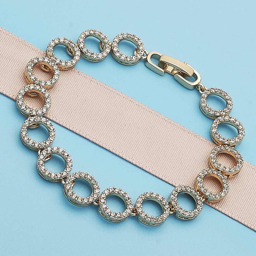 Oro Laminado Fancy Bracelet, Gold Filled Style with White Micro Pave, Polished, Golden Finish