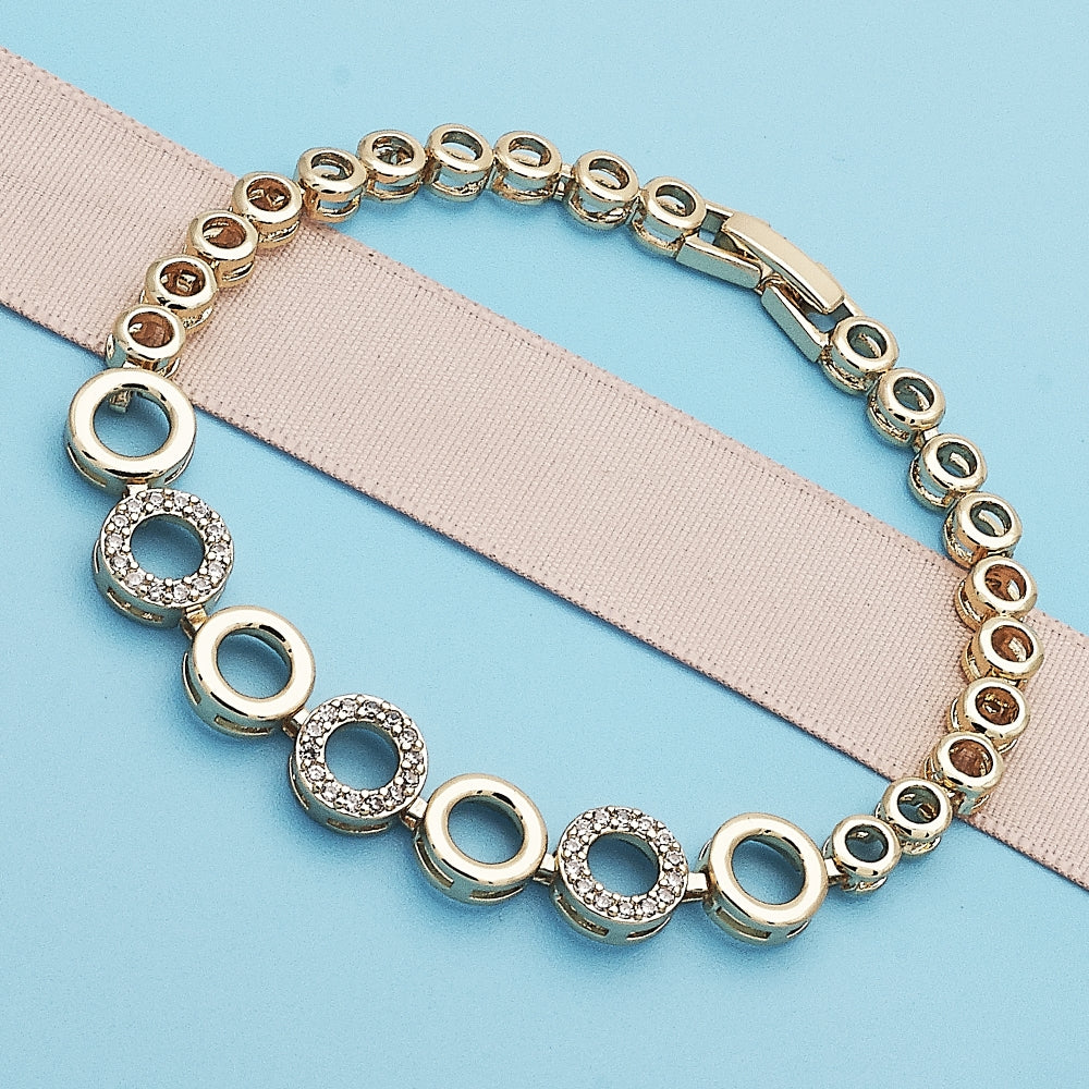 Oro Laminado Fancy Bracelet, Gold Filled Style with White Micro Pave, Polished, Golden Finish