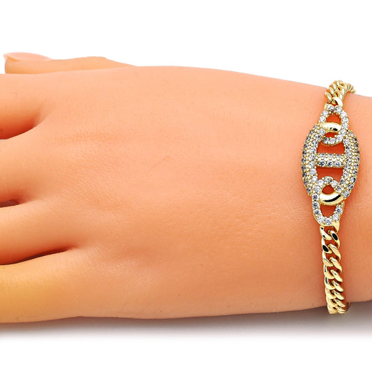 Oro Laminado Fancy Bracelet, Gold Filled Style with White Micro Pave, Polished, Golden Finish