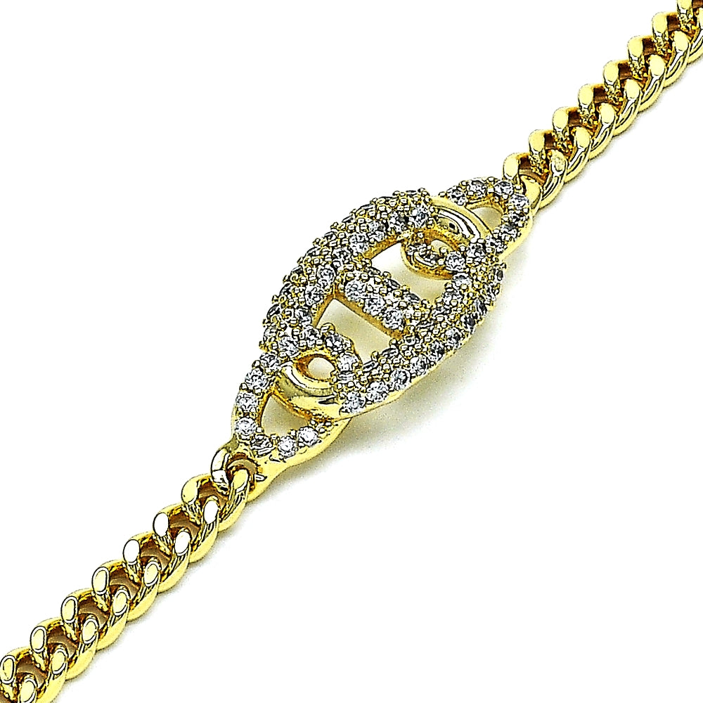Oro Laminado Fancy Bracelet, Gold Filled Style with White Micro Pave, Polished, Golden Finish