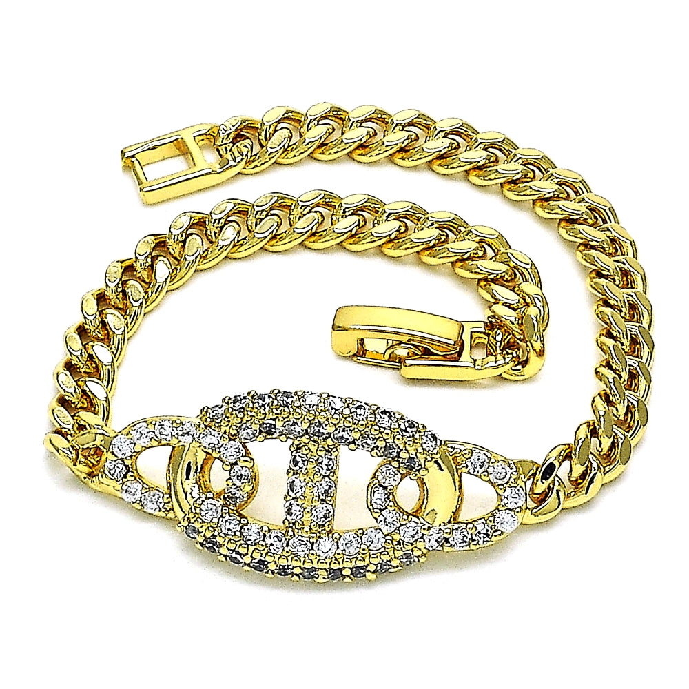 Oro Laminado Fancy Bracelet, Gold Filled Style with White Micro Pave, Polished, Golden Finish