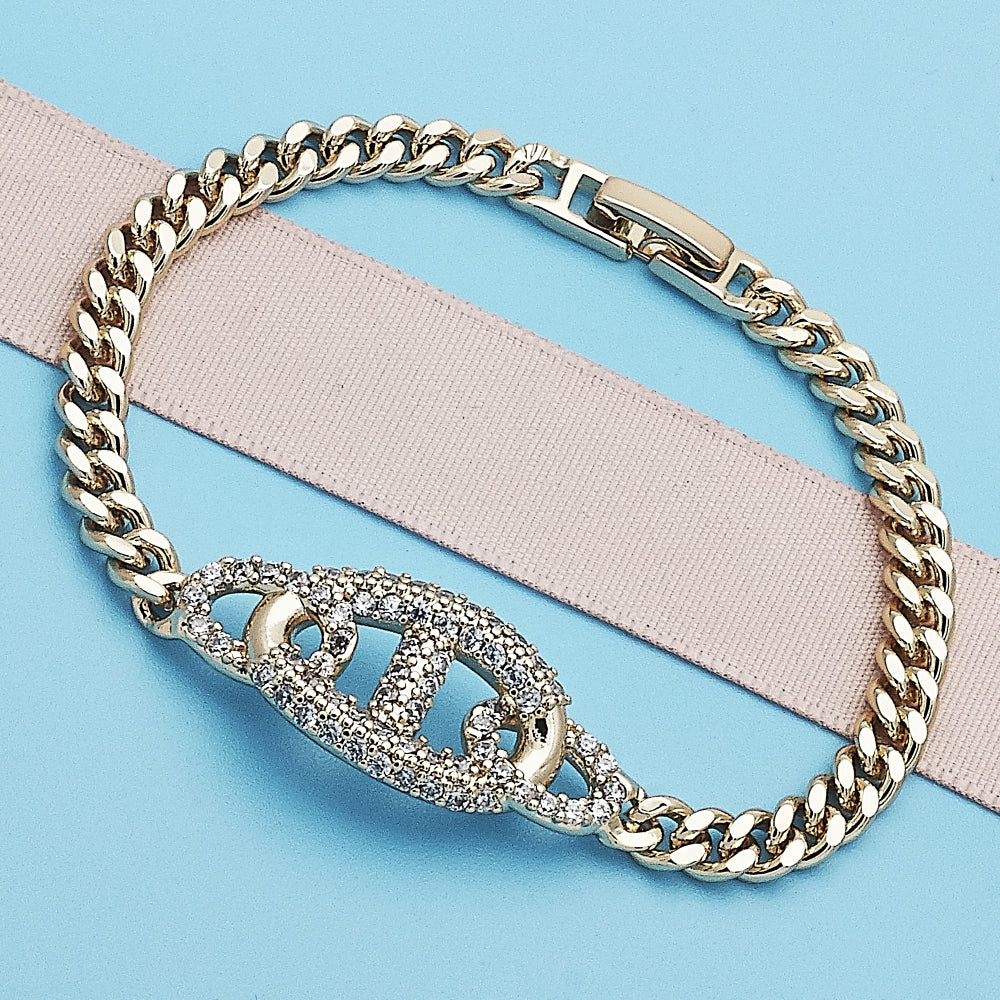 Oro Laminado Fancy Bracelet, Gold Filled Style with White Micro Pave, Polished, Golden Finish