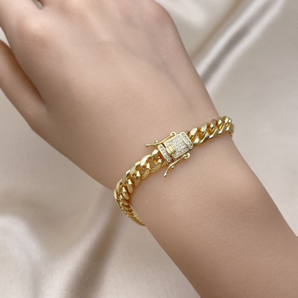 Oro Laminado Basic Bracelet, Gold Filled Style Miami Cuban Design, with White Micro Pave, Polished, Golden Finish