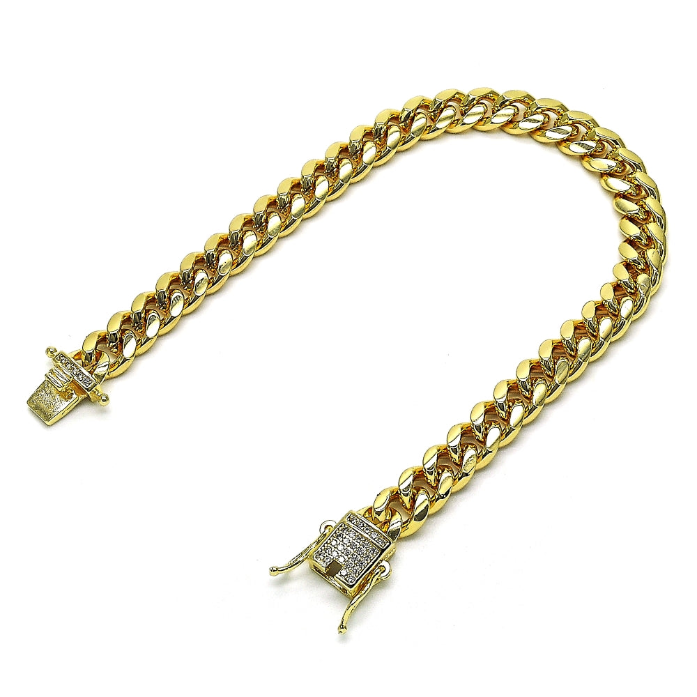 Oro Laminado Basic Bracelet, Gold Filled Style Miami Cuban Design, with White Micro Pave, Polished, Golden Finish