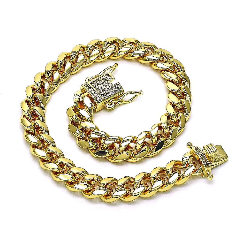 Oro Laminado Basic Bracelet, Gold Filled Style Miami Cuban Design, with White Micro Pave, Polished, Golden Finish