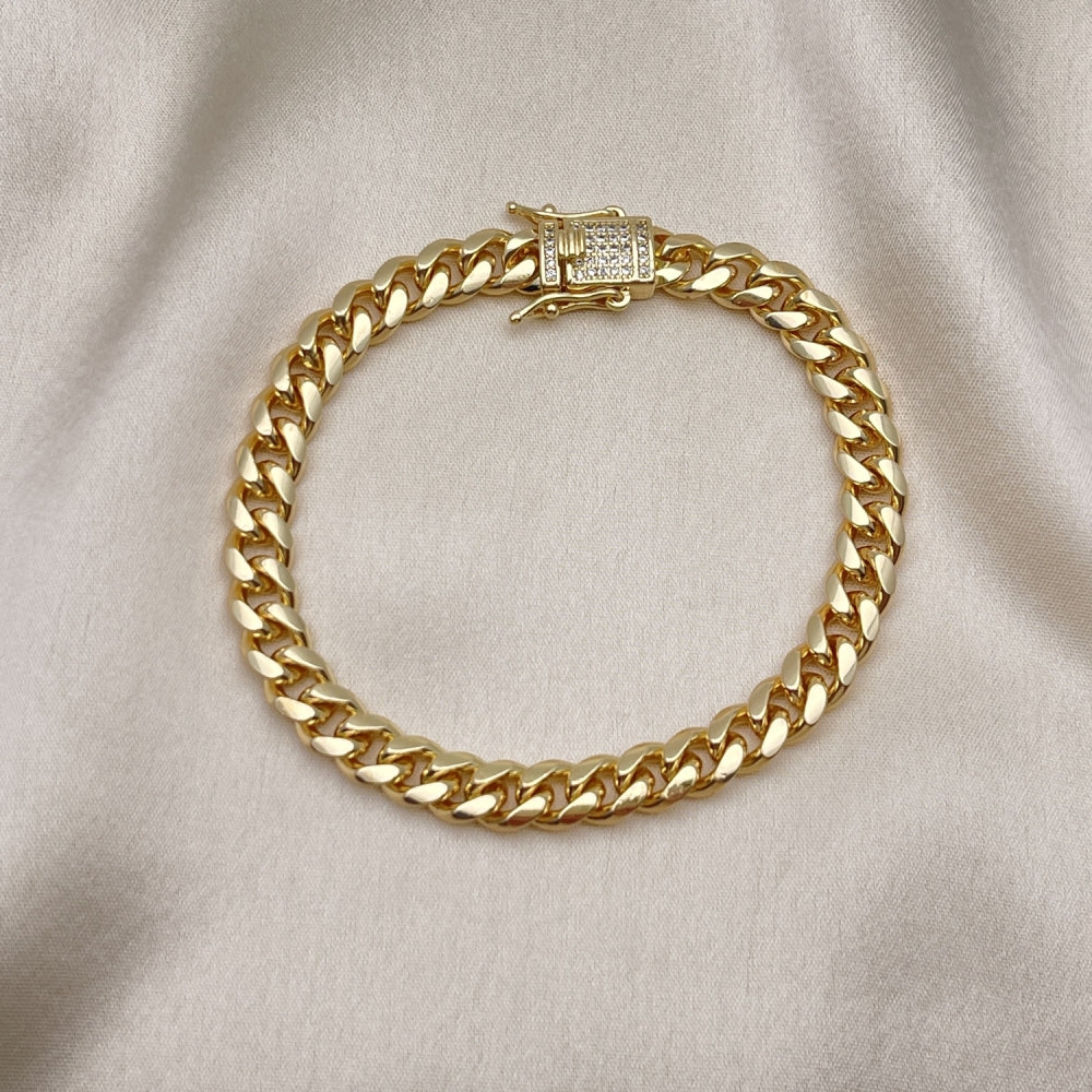 Oro Laminado Basic Bracelet, Gold Filled Style Miami Cuban Design, with White Micro Pave, Polished, Golden Finish