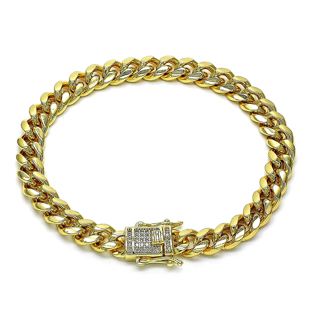Oro Laminado Basic Bracelet, Gold Filled Style Miami Cuban Design, with White Micro Pave, Polished, Golden Finish