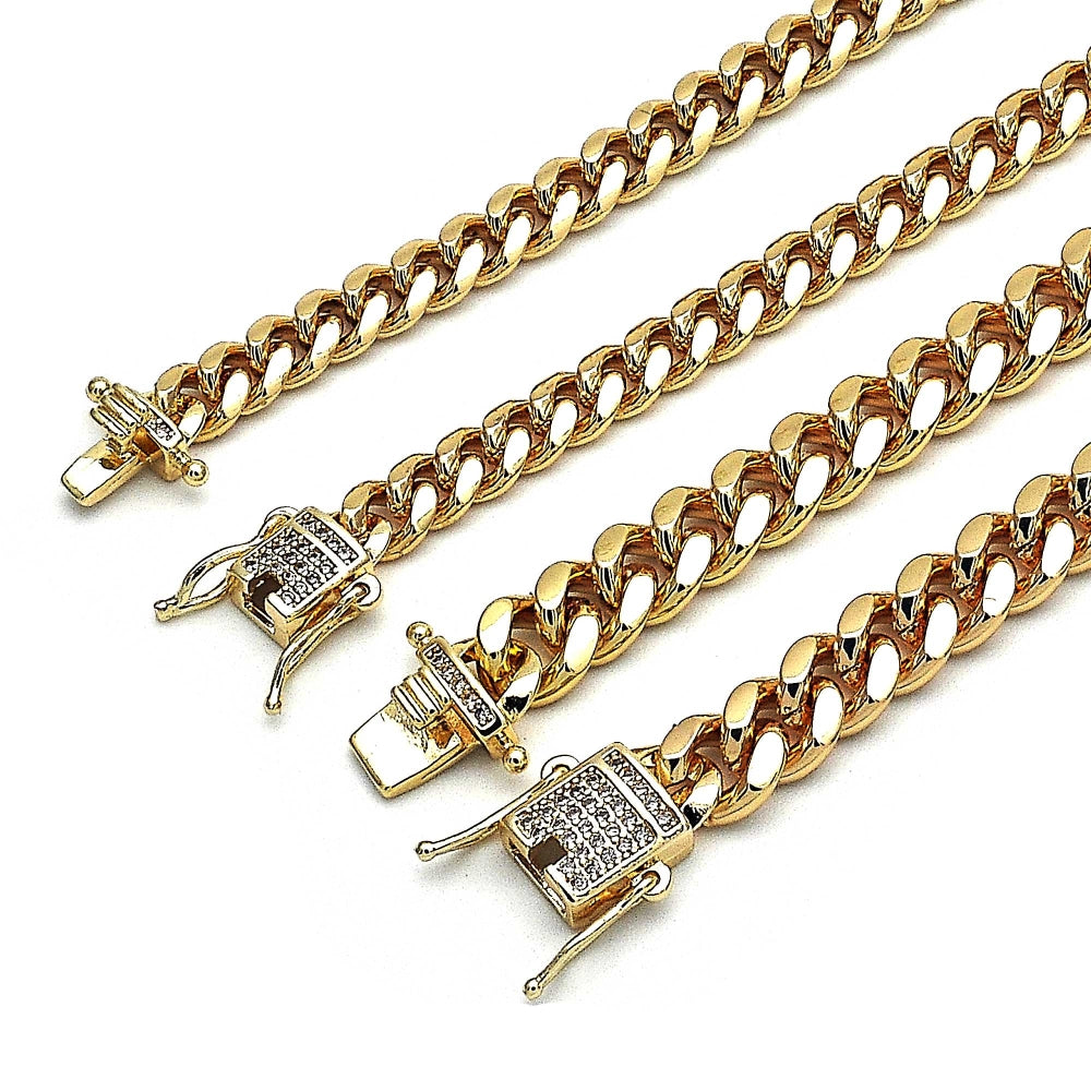 Oro Laminado Basic Bracelet, Gold Filled Style Miami Cuban Design, with White Micro Pave, Polished, Golden Finish