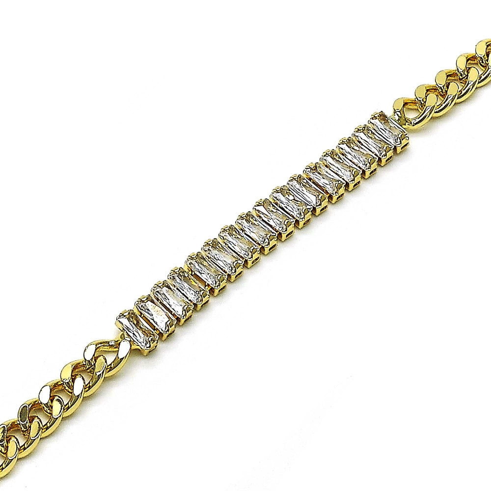 Oro Laminado Fancy Bracelet, Gold Filled Style Baguette Design, with White Cubic Zirconia, Polished, Golden Finish