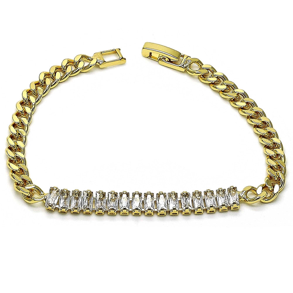 Oro Laminado Fancy Bracelet, Gold Filled Style Baguette Design, with White Cubic Zirconia, Polished, Golden Finish