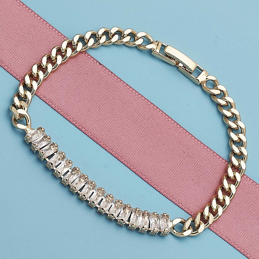 Oro Laminado Fancy Bracelet, Gold Filled Style Baguette Design, with White Cubic Zirconia, Polished, Golden Finish