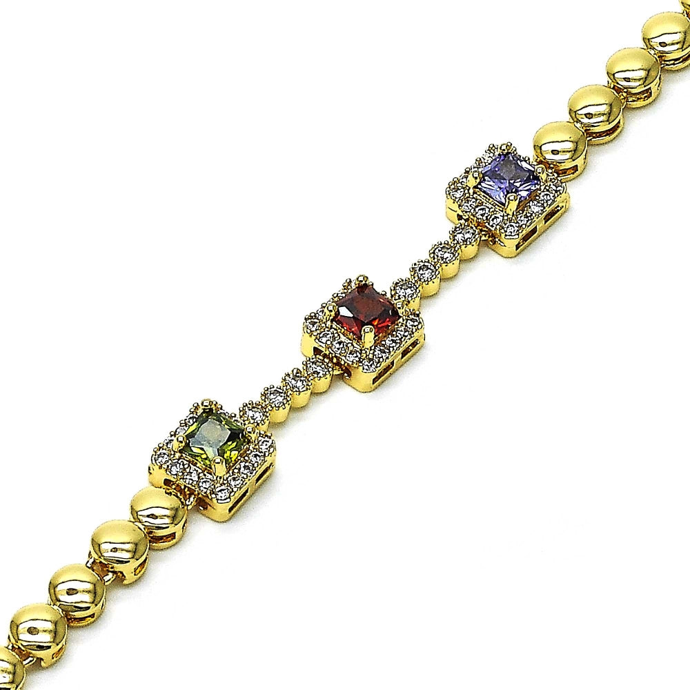 Oro Laminado Fancy Bracelet, Gold Filled Style with Multicolor Cubic Zirconia and White Micro Pave, Polished, Golden Finish