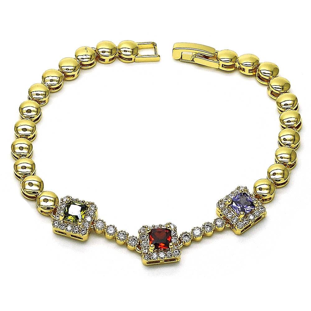 Oro Laminado Fancy Bracelet, Gold Filled Style with Multicolor Cubic Zirconia and White Micro Pave, Polished, Golden Finish