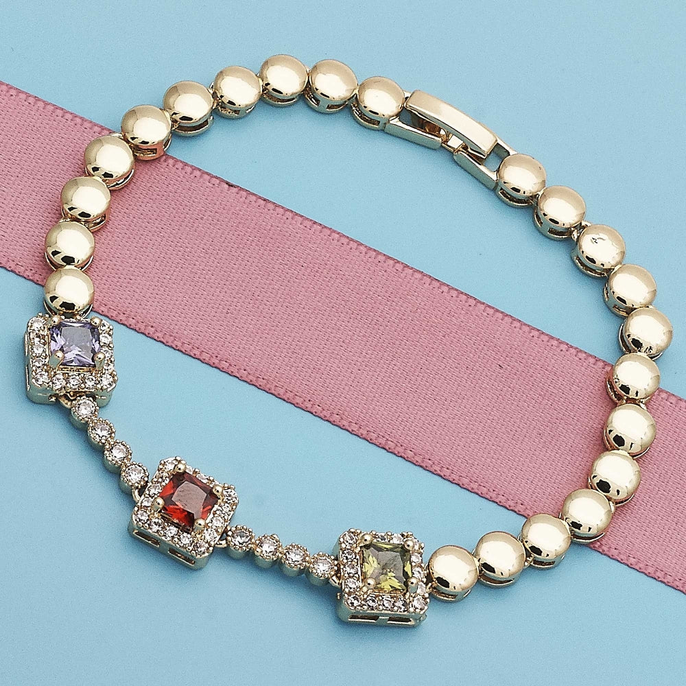 Oro Laminado Fancy Bracelet, Gold Filled Style with Multicolor Cubic Zirconia and White Micro Pave, Polished, Golden Finish