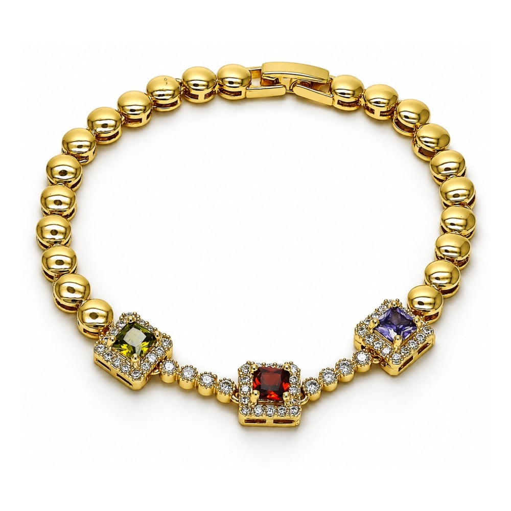 Oro Laminado Fancy Bracelet, Gold Filled Style with Multicolor Cubic Zirconia and White Micro Pave, Polished, Golden Finish