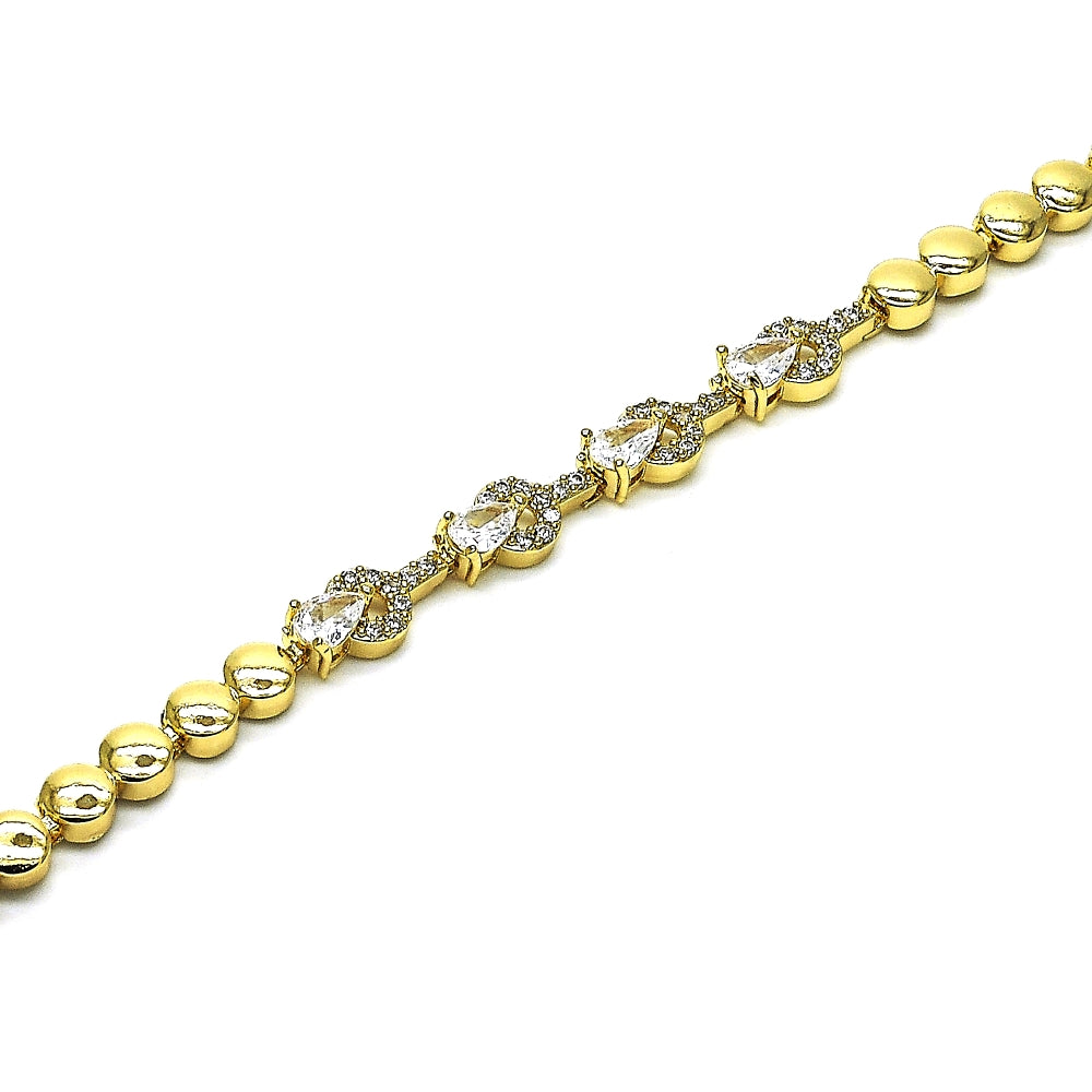 Oro Laminado Fancy Bracelet, Gold Filled Style Teardrop Design, with White Cubic Zirconia, Polished, Golden Finish