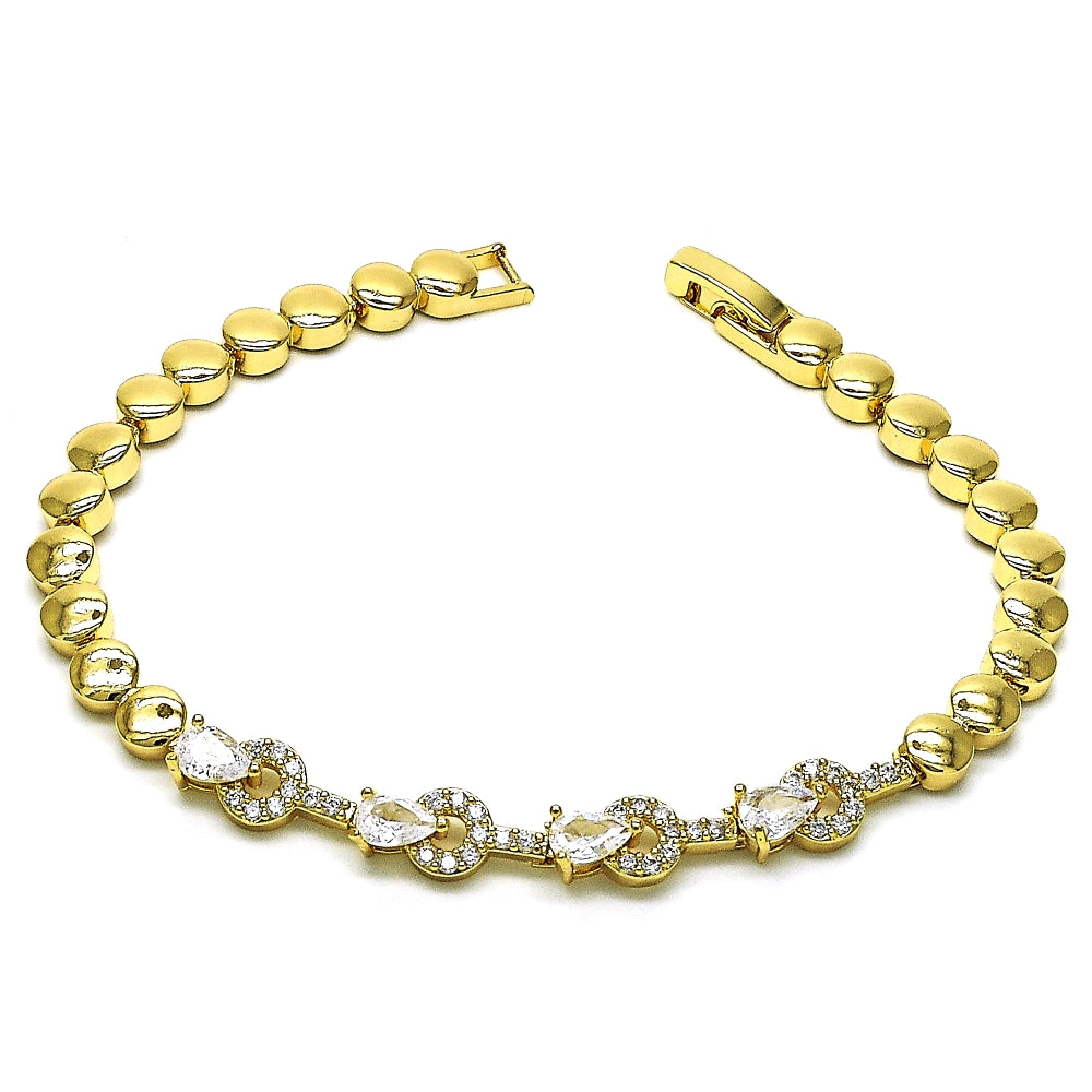 Oro Laminado Fancy Bracelet, Gold Filled Style Teardrop Design, with White Cubic Zirconia, Polished, Golden Finish