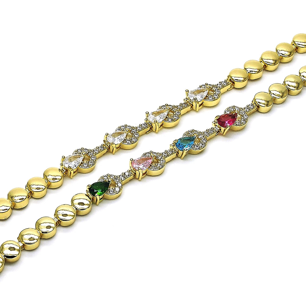 Oro Laminado Fancy Bracelet, Gold Filled Style Teardrop Design, with White Cubic Zirconia, Polished, Golden Finish