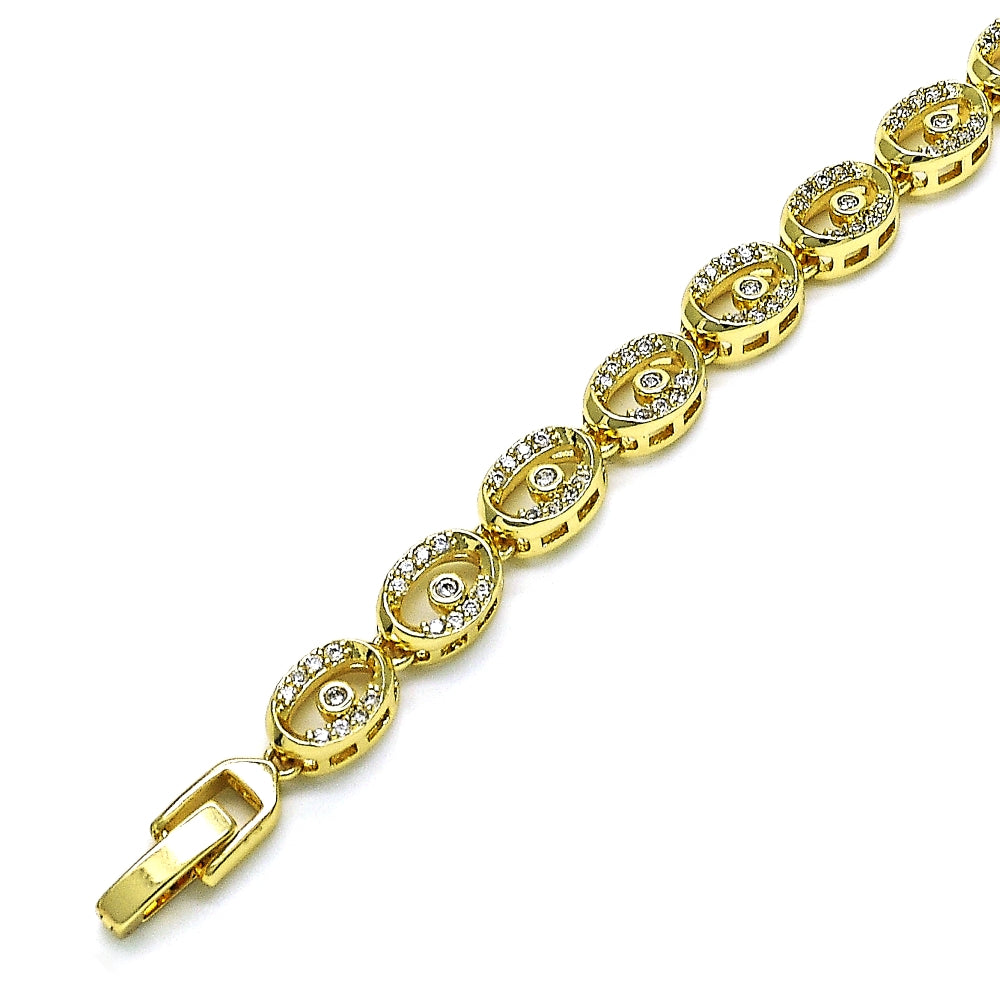 Oro Laminado Fancy Bracelet, Gold Filled Style Evil Eye Design, with White Micro Pave, Polished, Golden Finish