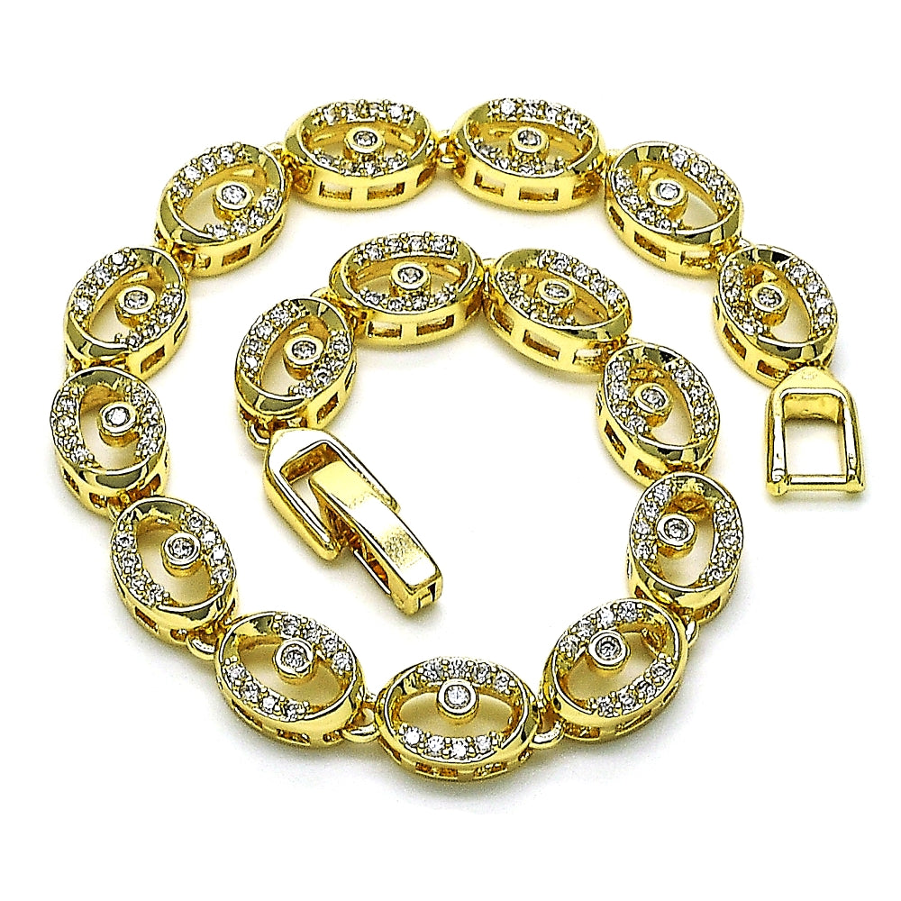 Oro Laminado Fancy Bracelet, Gold Filled Style Evil Eye Design, with White Micro Pave, Polished, Golden Finish