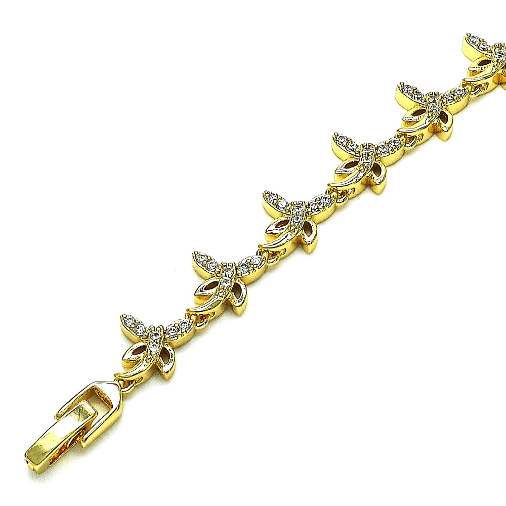 Oro Laminado Fancy Bracelet, Gold Filled Style Dragon-Fly Design, with White Micro Pave, Polished, Golden Finish