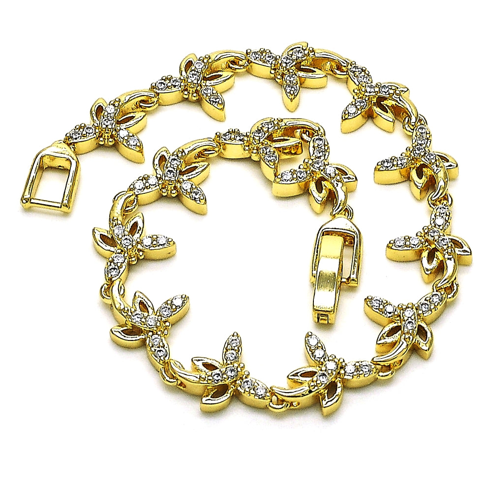 Oro Laminado Fancy Bracelet, Gold Filled Style Dragon-Fly Design, with White Micro Pave, Polished, Golden Finish