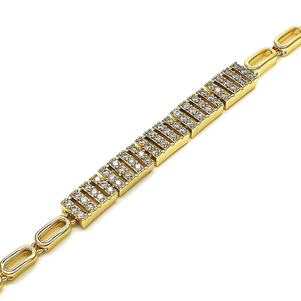 Oro Laminado Fancy Bracelet, Gold Filled Style with White Micro Pave, Polished, Golden Finish