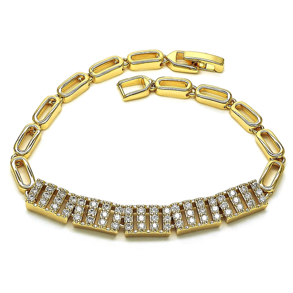 Oro Laminado Fancy Bracelet, Gold Filled Style with White Micro Pave, Polished, Golden Finish