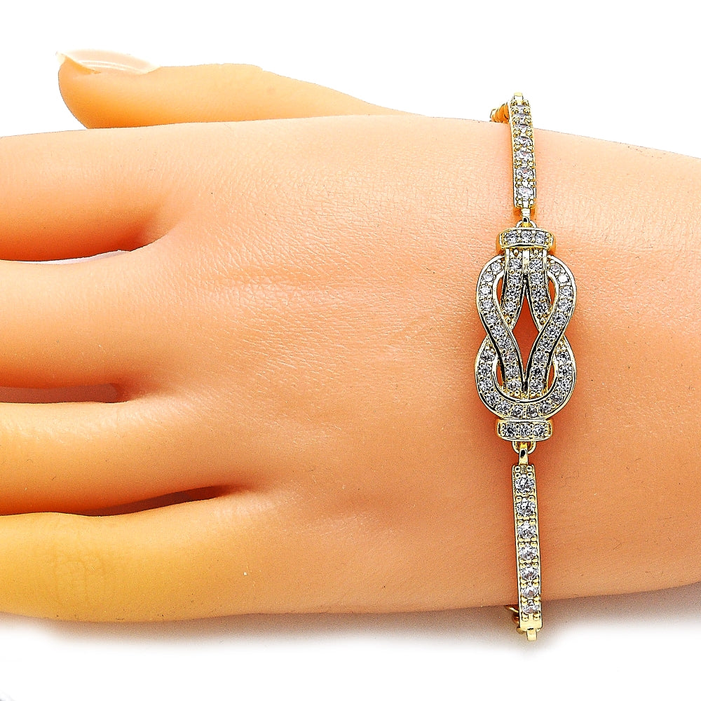 Oro Laminado Fancy Bracelet, Gold Filled Style with White Micro Pave, Polished, Golden Finish