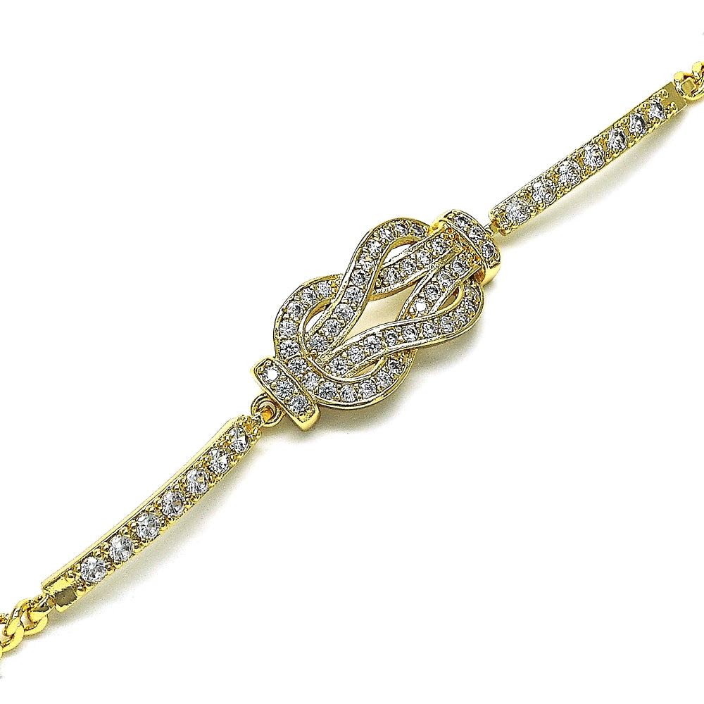 Oro Laminado Fancy Bracelet, Gold Filled Style with White Micro Pave, Polished, Golden Finish