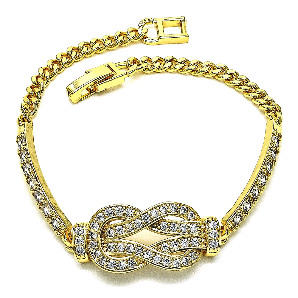 Oro Laminado Fancy Bracelet, Gold Filled Style with White Micro Pave, Polished, Golden Finish