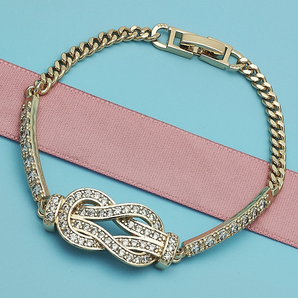 Oro Laminado Fancy Bracelet, Gold Filled Style with White Micro Pave, Polished, Golden Finish