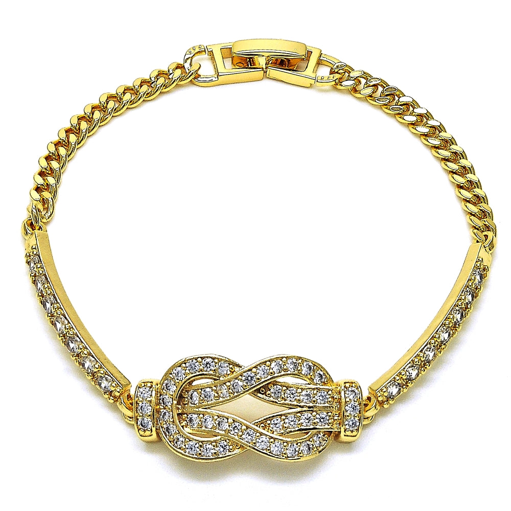 Oro Laminado Fancy Bracelet, Gold Filled Style with White Micro Pave, Polished, Golden Finish