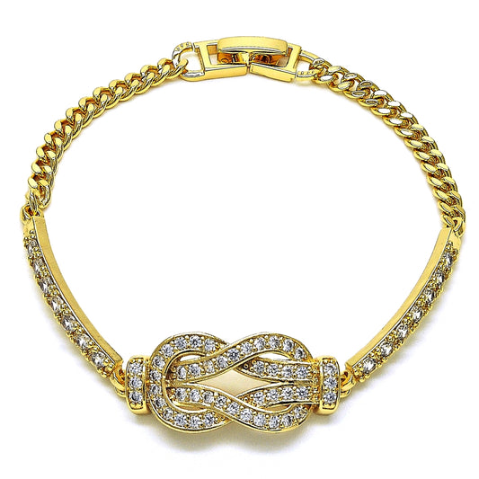 Oro Laminado Fancy Bracelet, Gold Filled Style with White Micro Pave, Polished, Golden Finish