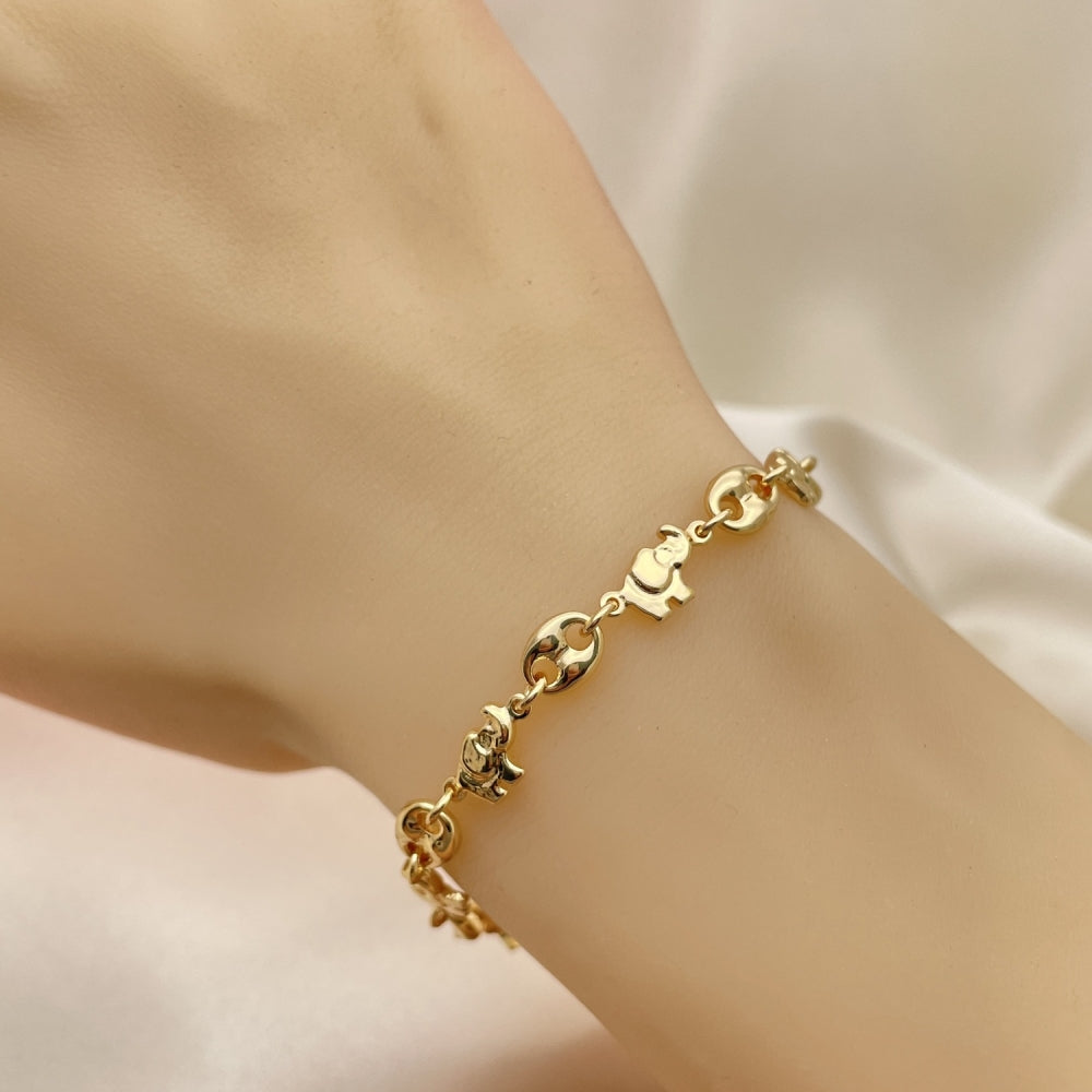 Oro Laminado Fancy Bracelet, Gold Filled Style Elephant and Paperclip Design, Polished, Golden Finish