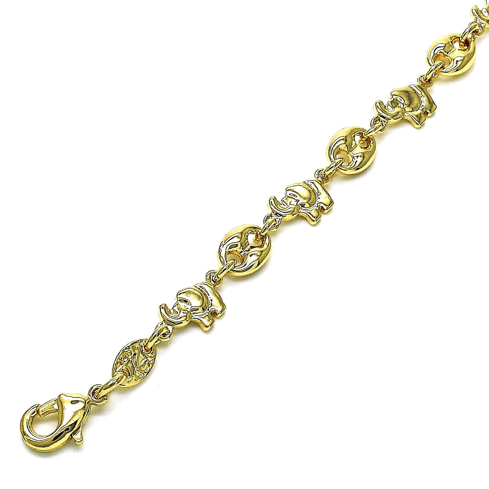 Oro Laminado Fancy Bracelet, Gold Filled Style Elephant and Paperclip Design, Polished, Golden Finish