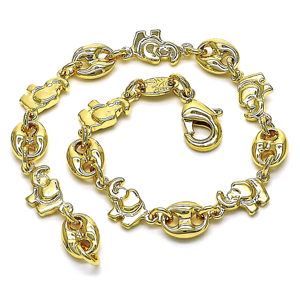 Oro Laminado Fancy Bracelet, Gold Filled Style Elephant and Paperclip Design, Polished, Golden Finish