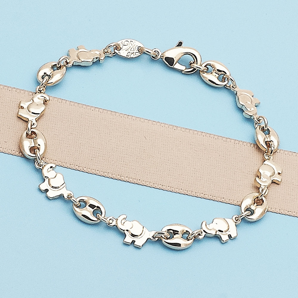 Oro Laminado Fancy Bracelet, Gold Filled Style Elephant and Paperclip Design, Polished, Golden Finish