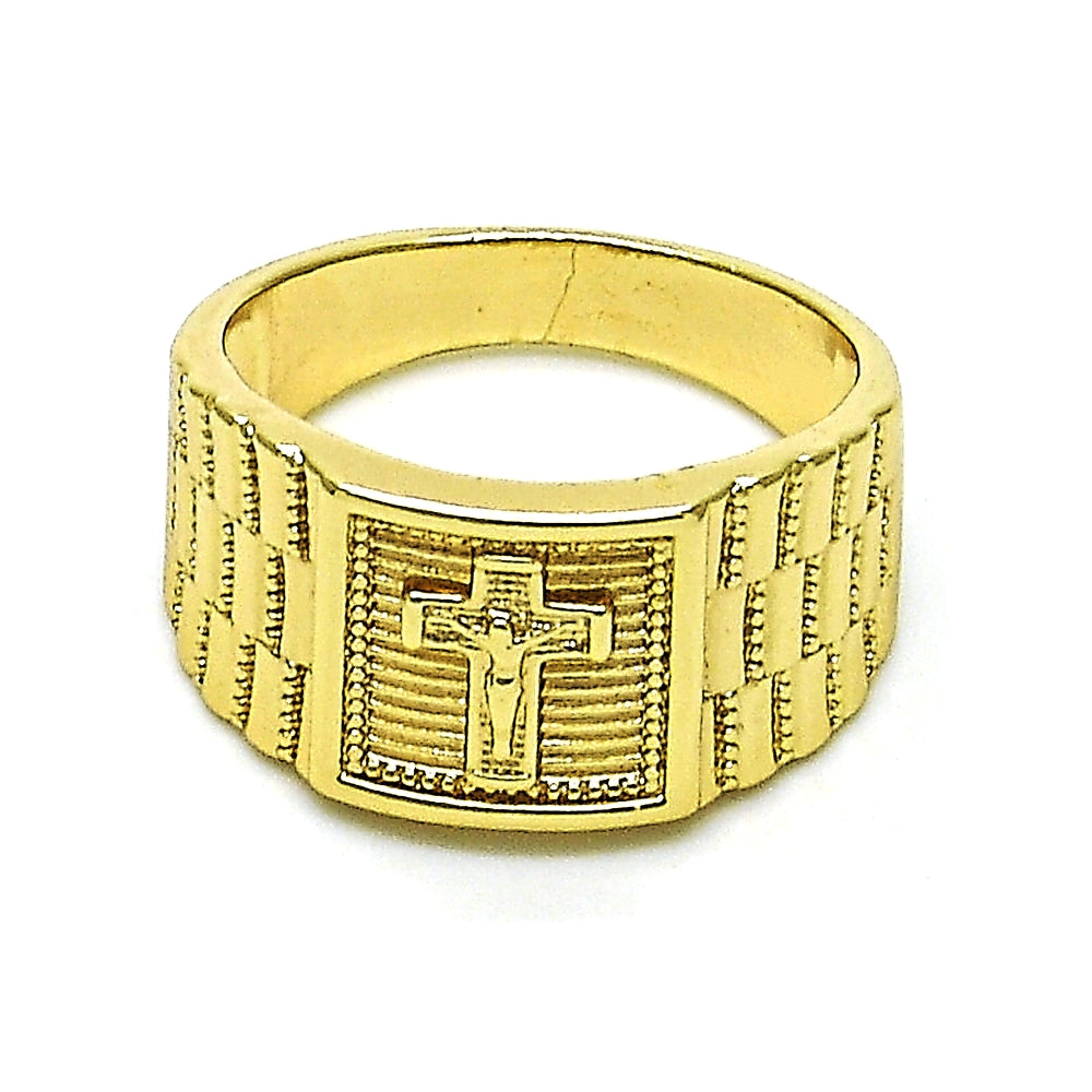 Oro Laminado Mens Ring, Gold Filled Style Crucifix Design, Polished, Golden Finish