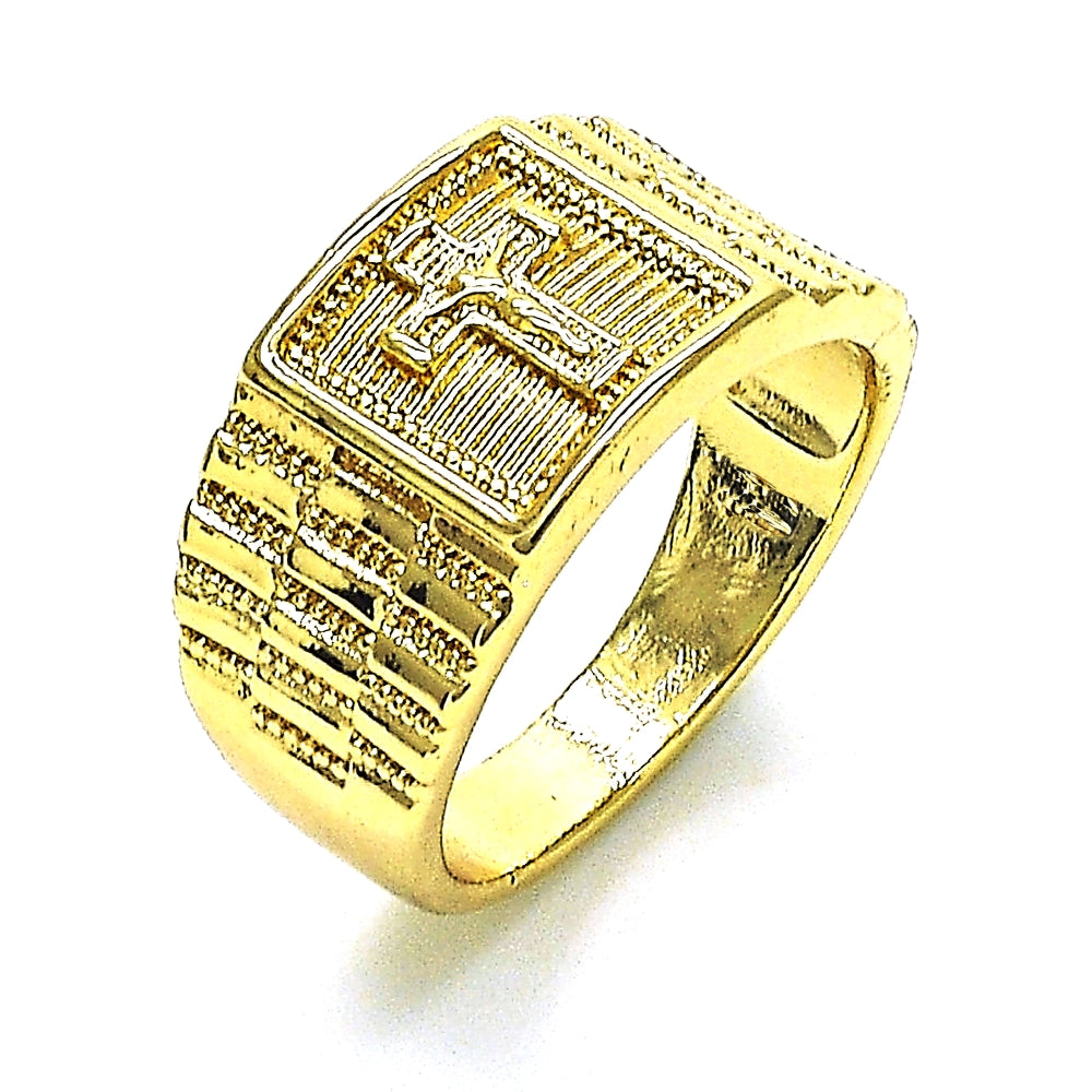 Oro Laminado Mens Ring, Gold Filled Style Crucifix Design, Polished, Golden Finish