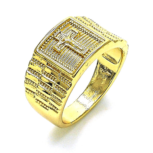 Oro Laminado Mens Ring, Gold Filled Style Crucifix Design, Polished, Golden Finish